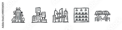 Smart city and green technology icons: eco-building, modern architecture, vertical farm, monorail