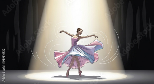Ballerina dancing under spotlight on stage in colorful dress