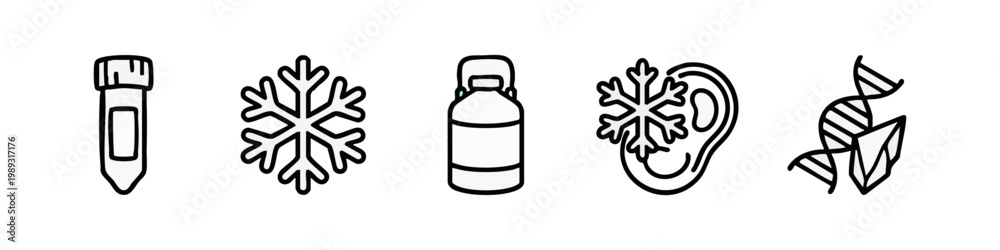 Fototapeta premium Outline icons for science and medicine: test tube, snowflake, container, ear, DNA.