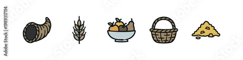 Hand-drawn icons related to harvest and food: cornucopia, wheat, fruit bowl, basket, pile of grain.