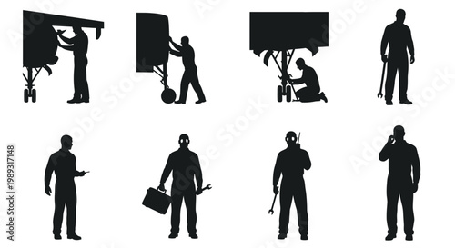 Vector silhouette illustrations of skilled technicians and engineers performing critical aircraft maintenance and repair, highlighting precision and expertise in aviation service roles