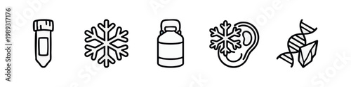 Outline icons for science and medicine: test tube, snowflake, container, ear, DNA.
