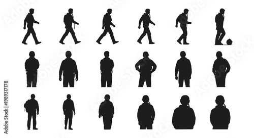 A comprehensive vector collection of diverse human silhouettes, featuring various body types, walking movements, and standing postures for versatile design applications