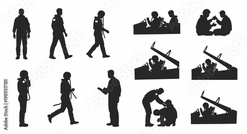 Illustrative vector silhouettes showcasing uniformed professionals performing critical service roles, including operational movement, emergency response, and rescue assistance scenarios