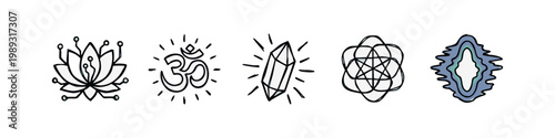 Doodle Icons: Lotus, Om Symbol, Crystal, Sacred Geometry, Geode
