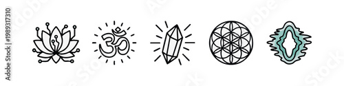 Line Icons: Lotus, Om Symbol, Crystal, Sacred Geometry, Geode