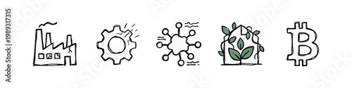 Doodle Icons: Factory, Gear, Network, Green Building, Bitcoin