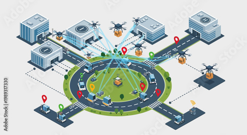 An isometric illustration depicting a smart city logistics network with drones and autonomous vehicles coordinating deliveries.