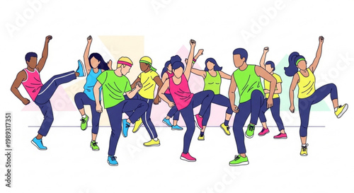 Diverse group of people exercising and dancing together in colorful sportswear with dynamic movements and energetic poses