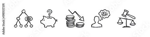 Business and finance icons: organizational chart, piggy bank, falling coins, confused person, scales of justice