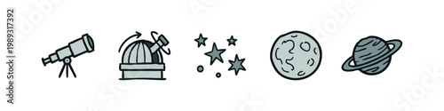 Astronomy icons: telescope, observatory, stars, moon, and planet