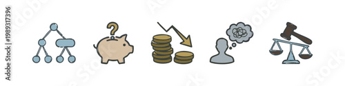 Business and finance icons: organizational chart, piggy bank, falling coins, confused person, scales of justice (colored outline)