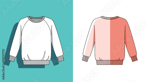 Front and back views of a white crew neck sweatshirt with gray shadows on a two tone blue and white background.