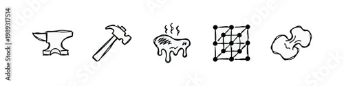 Metalworking and Construction Tools Doodle Icon Set with Anvil Hammer and Melting Metal