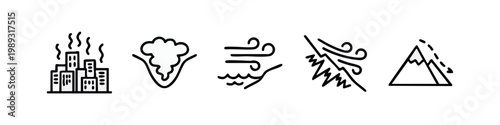 Clean Line Art Natural Disaster and Environment Icons Set for Emergency and Climate Concepts