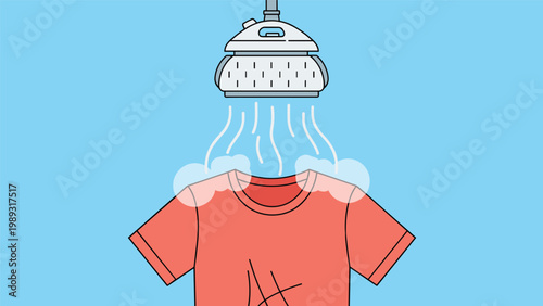 Steam iron machine removing wrinkles from a coral t-shirt placed against a bright blue background in a clean flat illustration style.