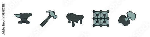 Muted Color Hand Drawn Workshop and Material Icons Set with Anvil and Melting Liquid