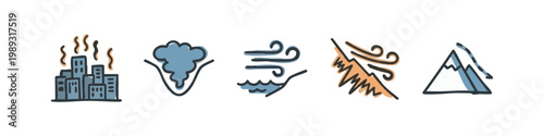 Color Filled Natural Disaster and Environmental Icon Set Hand Drawn Style