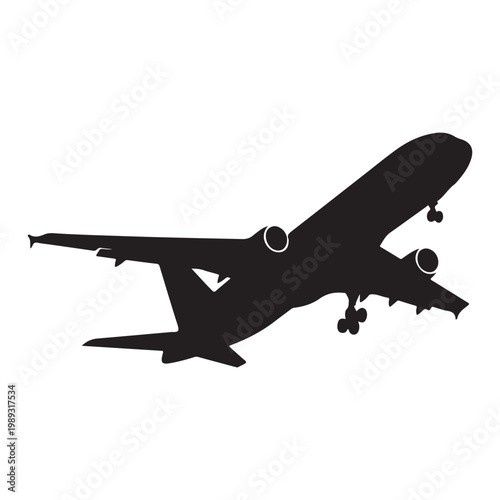 Airplane silhouette flying on white background 