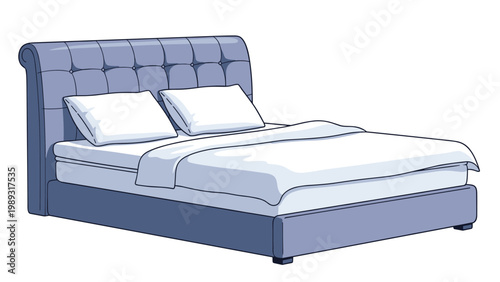 Modern double bed with a high tufted blue headboard and white linens and pillows for a comfortable bedroom setup.