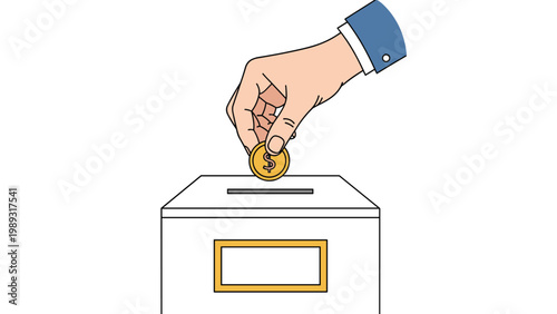 Human hand dropping a gold dollar coin into a white donation box or a ballot container as a gesture of charity and social contribution.