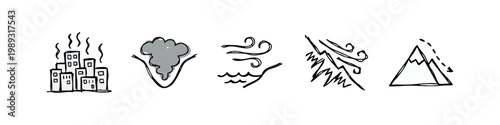 Natural Disaster and Environmental Issues Doodle Icons Set with Smog Earthquake and Landslide
