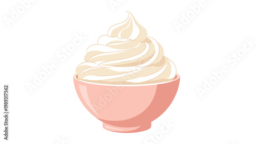 Pink bowl filled with a large swirl of whipped cream or vanilla soft serve ice cream representing a delicious sweet dessert treat.