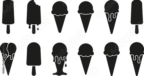 Ice cream silhouettes, popsicle icons, frozen dessert vector, cone illustration, sweet treat design, summer snack art, black food graphic symbols