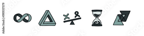 Conceptual Philosophy Icons Set with Infinity Impossible Triangle and Seesaw