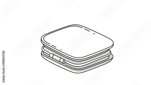 Compact cosmetic powder case in a closed position showing the hinge and layers of the makeup product in a simple line art illustration.