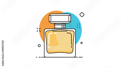 Elegant perfume bottle with a square shape and gold cap displayed on an artistic background with colorful circles and graphic dots.