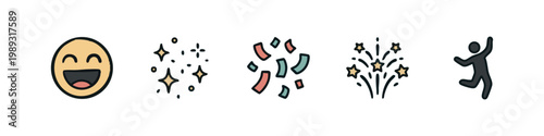 Celebration and Joy Icons Set with Grinning Face Sparkles and Fireworks