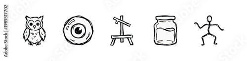 Hand-drawn icons: owl, eye, easel, jar, stick figure