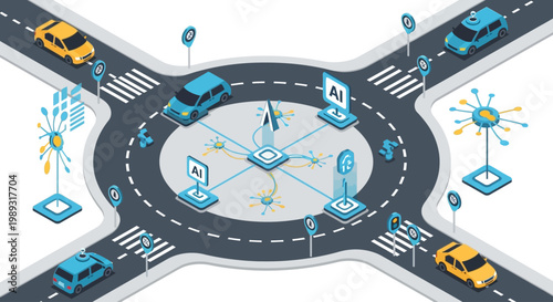 Intelligent roundabout with autonomous vehicles and AI-powered traffic management system, illustrating future urban mobility and smart city concepts.