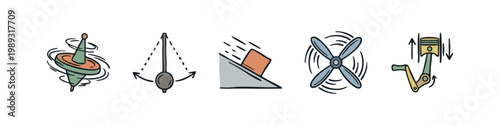 Icons representing physics concepts: spinning top, pendulum, inclined plane, propeller, piston