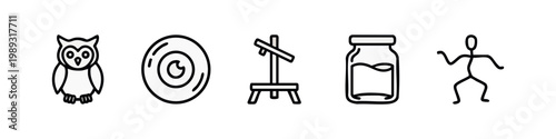 Outline icons: owl, target, easel, jar, stick figure