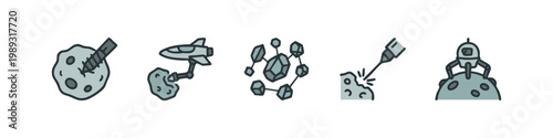 Colorful icons of space exploration: asteroid, rocket, crystals, laser, robot on moon