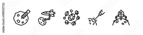 Outline icons of space exploration: asteroid, rocket, crystals, laser, robot on moon