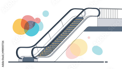 Side view of a modern public escalator moving between floors with abstract colorful circles in the blurred background.