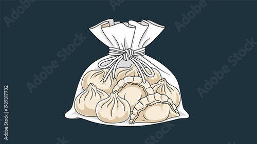 White knotted bag filled with several traditional dough dumplings like khinkali or pelmeni shown against a dark navy background.
