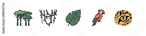 Jungle icons: trees, vines, leaf, parrot, leopard
