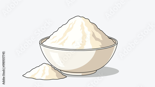 Large white ceramic bowl overflowing with a heap of fine white powder such as flour, sugar, or starch for cooking and baking.
