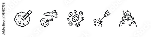 Hand-drawn icons of space exploration: asteroid, rocket, crystals, laser, robot on moon