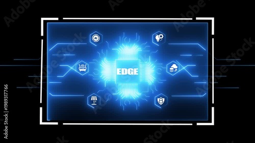 Digital abstract network visualization with the word EDGE in a glowing blue central processor surrounded by hexagonal for AI cloud computing security and smart home devices connected by