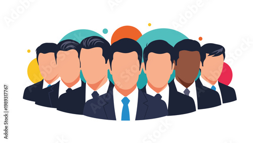 Professional team of diverse businessmen in suits standing together against a colorful abstract background of circles.