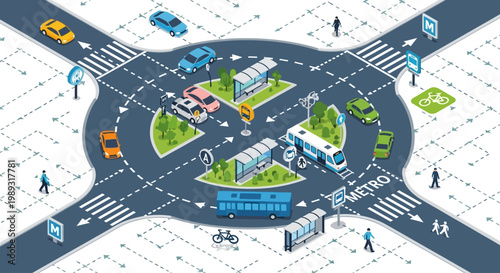 An isometric illustration of a smart city roundabout with autonomous vehicles, public transport, and pedestrian walkways, showcasing modern urban infrastructure and traffic management systems.