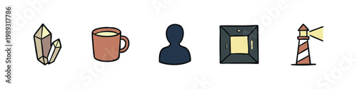 Icons: crystals, mug, silhouette, window, lighthouse