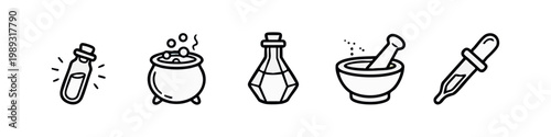 Minimalist Line Art Alchemy and Potion Icon Set Featuring Cauldron Mortar and Laboratory Tools