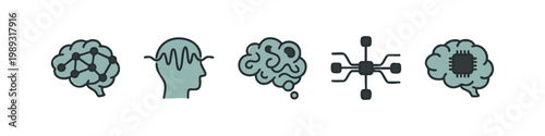 Color icons of brain, head, circuit, chip for AI and tech