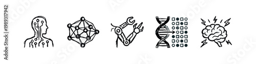 Science and technology icons: human head, network, robot arm, dna